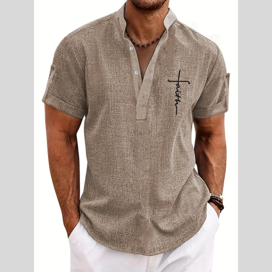 Camisa Elegante Faith de Manga Corta con Cuello Mao