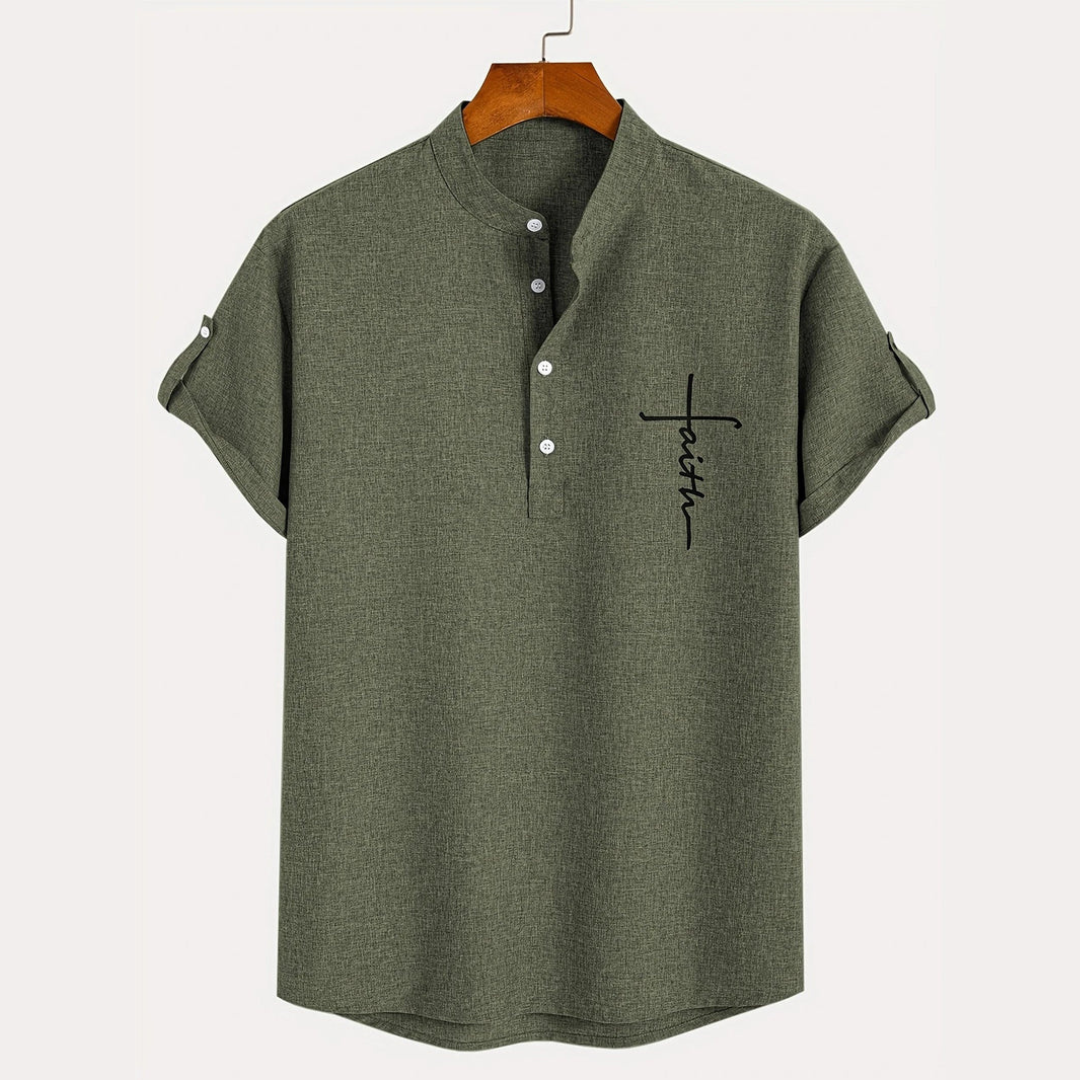 Camisa Elegante Faith de Manga Corta con Cuello Mao