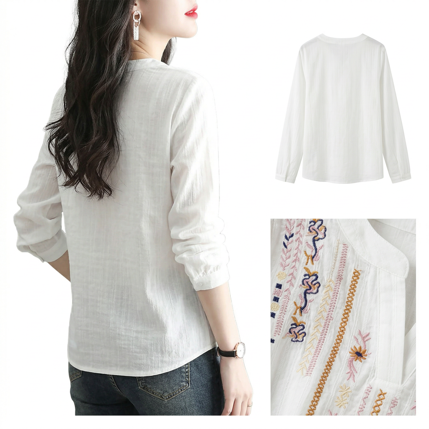 Blusa bordada casual de manga larga