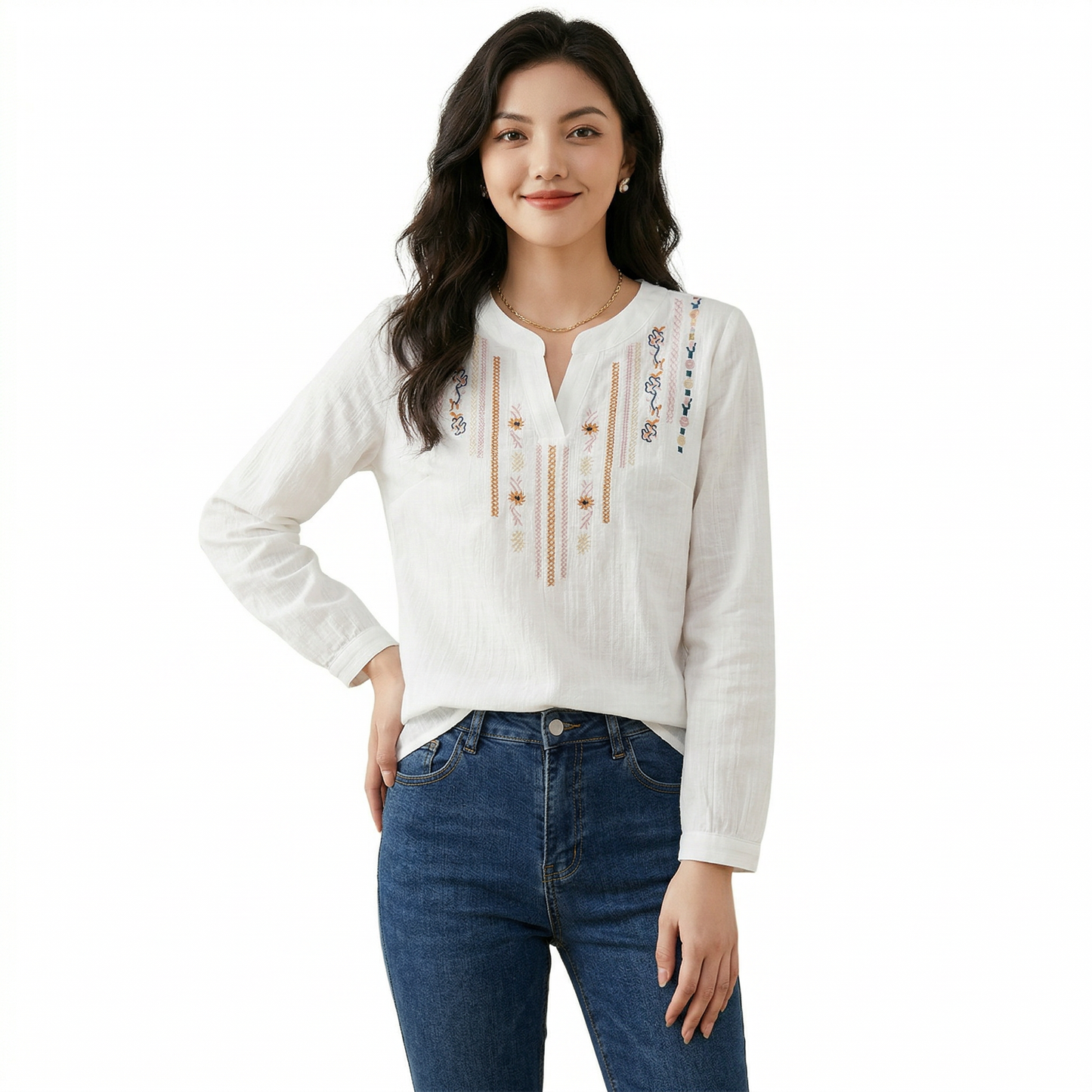 Blusa bordada casual de manga larga